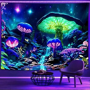 Blacklight Poster Mushroom Tapestry for Bedroom Aesthetic, Colorful Neon Forest Wall Art Black Light Posters for Adults (59 x 51 Inches)