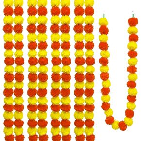 FLOWERIA Golden Yellow Marigold Artificial Flowers - 5FT Flower Garland Decorations for Pooja, Diwali, Wedding, Christmas (4 Packs, Yellow Orange)