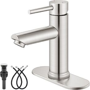 Aolemi Bathroom Faucet Single Hole,Single Handle Bathroom Sink Faucet with Supply Lines,with Pop Up Drain and 6 Inch Deck Plate,Brushed Nickel