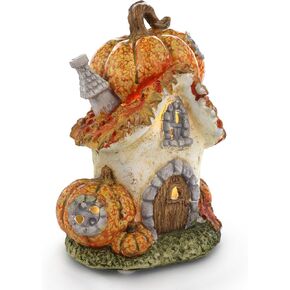 Needzo LED Light Up Fall Pumpkin House Figurine, Cute Halloween or Thanksgiving Decoration for Tabletops, Shelves, or Centerpiece, 8.5 Inches