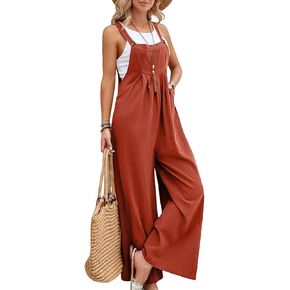 Flygo Womens Overalls Loose Fit Cotton Linen Bib Overall Wide Leg Jumpsuit Rompers with Pockets