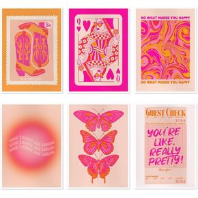 Funky Pink And Orange Canvas Wall Art Set of 6，Queen of Hearts Poker Aura Room Aesthetic Poster Hot Pink preppy Dorm Decor Disco Cowgirl Wall Decor Office Decor, 12x16inch Unframed