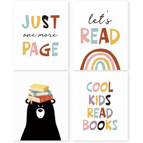 HRQKO Cool Kids Read Books Wall Art Poster Set of 4, Boho Rainbow Classroom Library Reading Corner Posters Wall Decor, Inspirational Quotes Read Signs Prints for Playroom Nursery 8"x10" Unframed