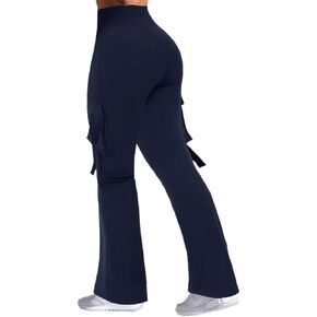 Flamingals Women's Solid Flap Pocket Flare Sports Pants High Waist Casual Pants in Saudi Arabia