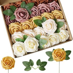 Artificial Flower Foam Rose 25pcs Real Looking Fake Rose with Stems Leaves for Home Decoration Party Garden Centerpieces DIY Wedding Bouquets（Shades of Dusty Rose）
