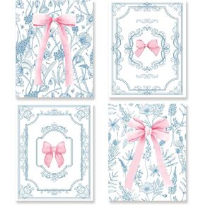 KSDUT Coquette Preppy Wall Decor Art Set of 4 - Trendy Chinoiserie Artwork Poster Prints Blue Flowers Pink Bows Wall Decor for Girls Dorm Grandmillennial Home Decorations - 8"x10" Unframed