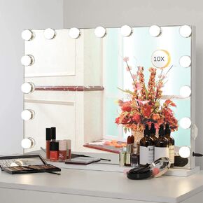 LIFTHOME Vanity Mirror Makeup Mirror with Lights,10X Magnification,Large Hollywood Lighted Vanity Mirror with 15 Dimmable LED Bulbs,3 Color Modes,Touch Control for Bedroom,Tabletop or Wall-Mounted