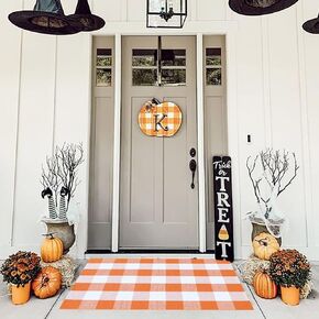 Orange and Black Plaid Rug, 43" x 27.5" Halloween Front Fall Decor Door Mat Cotton Hand-Woven Rug for Layered Door Mats Washable Carpet for Autumn Farmhouse Porch Entryway (43" L x 27.5" W)
