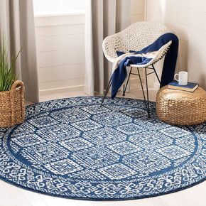 SAFAVIEH Tulum Collection 9' Round Navy/Ivory TUL264N Moroccan Boho Distressed Non-Shedding Dining Room Entryway Foyer Living Room Bedroom Area Rug