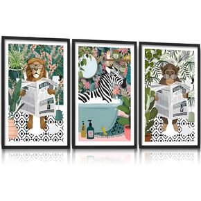Zebra Lion Monkey on Animal on Toilet Funny Bathroom Wall Art, Canvas Tropical Boho Bathroom Jungle Animal Print, Art Decor, Paintings for bathroom restroom toilet washroom home.12"X16"X3 Unframed