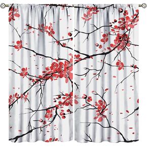 Cherry Blossom Curtains Japanese Floral Plum Blossom Flower Teal Blue and Pink Curtain with Rod Pocket for Bedroom Living Room Decor Drapes Window Treatments 2 Panels Set 42x45 Inch