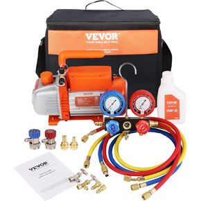 VEVOR 4 CFM AC Vacuum Pump and Gauge Set, Not only for R134a but Also R32 R1234yf Systems, 1-Stage Rotary Vane HVAC Air Vacuum Pump Refrigerant Kit Manifold Gauge Set, Incl. R410a Adapter