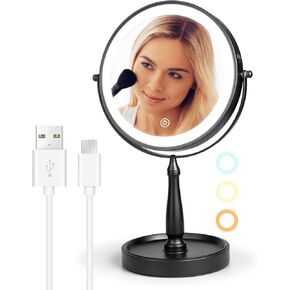 9" Makeup Mirror with Lights, Rechargeable 1x/10x Magnifying Mirror with 3 Colors, 360° Rotation Double Sided Rechargeable Desk Cosmetic Mirror, Touch Dimming LED Lighted Makeup Mirror Black