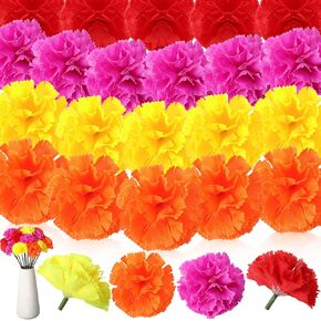 60 Pieces Artificial Marigold Flower Heads with Stems Silk Marigold Heads Bulk Fake Mexican Flowers for Halloween Day of The Dead Fiesta Flowers for Cinco de Mayo Party Decoration(Cute Colors)