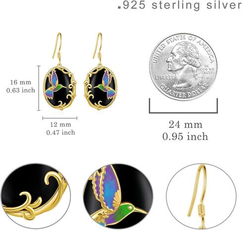 14K Yellow Gold Hummingbird/Butterfly Earrings 925 Sterling Silver Hummingbird/Butterfly Black Onyx Dangle Earrings Birthday Jewelry Gifts for Women in Kuwait