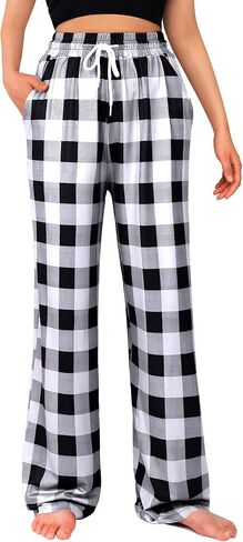 Alimens & Gentle Womens Pajama Pants Plaid Stretch Comfy Lounge Pants Drawstring Sleep Bottoms with Pockets in Kuwait