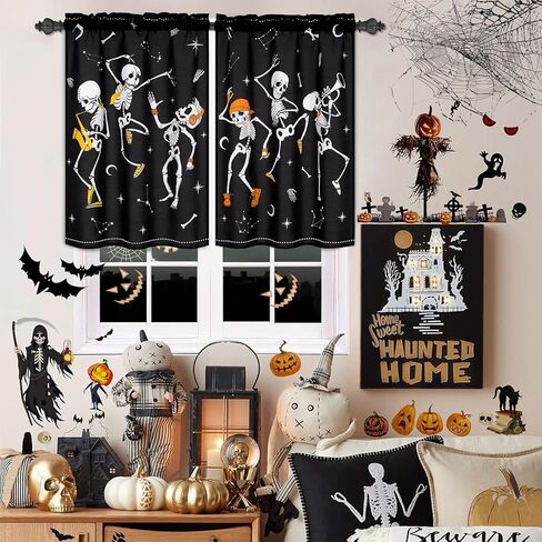 ASPMIZ Halloween ستائر قصيرة للنوافذ، ستائر نصف نافذة للرقص على شكل هيكل عظمي للمطبخ، ستارة نافذة علوية صغيرة مرعبة لتزيين حفلات الهالوين، لوحتان جيب قضيب، 26 بوصة × 24 بوصة، أسود in Saudi Arabia