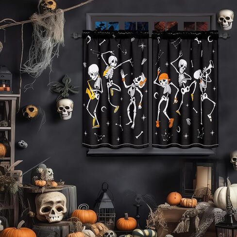 ASPMIZ Halloween ستائر قصيرة للنوافذ، ستائر نصف نافذة للرقص على شكل هيكل عظمي للمطبخ، ستارة نافذة علوية صغيرة مرعبة لتزيين حفلات الهالوين، لوحتان جيب قضيب، 26 بوصة × 24 بوصة، أسود in Saudi Arabia