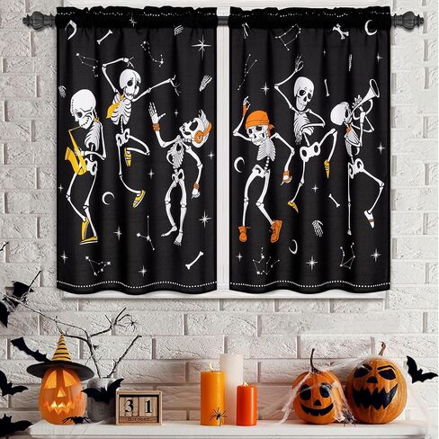 ASPMIZ Halloween ستائر قصيرة للنوافذ، ستائر نصف نافذة للرقص على شكل هيكل عظمي للمطبخ، ستارة نافذة علوية صغيرة مرعبة لتزيين حفلات الهالوين، لوحتان جيب قضيب، 26 بوصة × 24 بوصة، أسود in Saudi Arabia