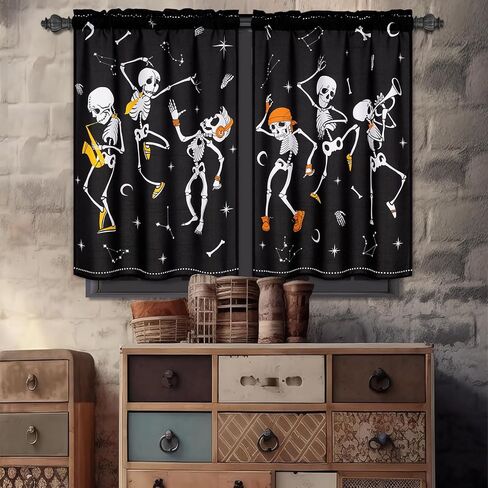 ASPMIZ Halloween ستائر قصيرة للنوافذ، ستائر نصف نافذة للرقص على شكل هيكل عظمي للمطبخ، ستارة نافذة علوية صغيرة مرعبة لتزيين حفلات الهالوين، لوحتان جيب قضيب، 26 بوصة × 24 بوصة، أسود in Saudi Arabia