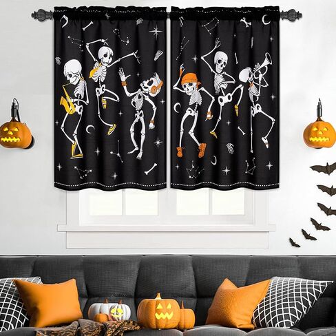 ASPMIZ Halloween ستائر قصيرة للنوافذ، ستائر نصف نافذة للرقص على شكل هيكل عظمي للمطبخ، ستارة نافذة علوية صغيرة مرعبة لتزيين حفلات الهالوين، لوحتان جيب قضيب، 26 بوصة × 24 بوصة، أسود in Saudi Arabia