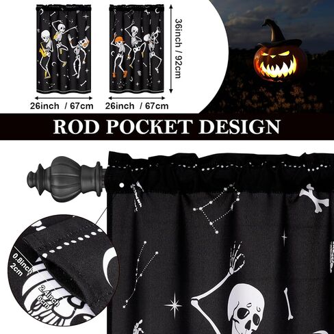 ASPMIZ Halloween ستائر قصيرة للنوافذ، ستائر نصف نافذة للرقص على شكل هيكل عظمي للمطبخ، ستارة نافذة علوية صغيرة مرعبة لتزيين حفلات الهالوين، لوحتان جيب قضيب، 26 بوصة × 24 بوصة، أسود in Saudi Arabia
