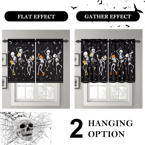 ASPMIZ Halloween ستائر قصيرة للنوافذ، ستائر نصف نافذة للرقص على شكل هيكل عظمي للمطبخ، ستارة نافذة علوية صغيرة مرعبة لتزيين حفلات الهالوين، لوحتان جيب قضيب، 26 بوصة × 24 بوصة، أسود in Saudi Arabia