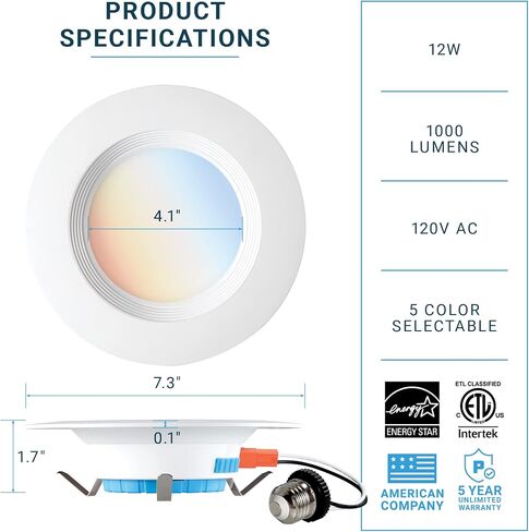 PARMIDA (12 Pack) 5/6 Inch 5CCT LED Recessed Lighting, Dimmable, 12W, 1000LM, 2700K/3000K/4000K/5000K/6000K 5 Color Selectable, Baffle Trim Retrofit Can Light, ETL & Energy Star Certified in Saudi Arabia
