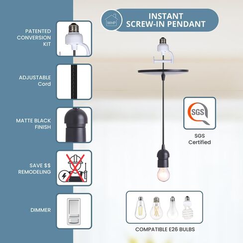 Worth Home Products - Instant Pendant Converter Adapter Only Kit – Transitional Recessed Light Conversion Kit for 6" and 4" Recessed Mounted Cans (Matte Black) in Saudi Arabia