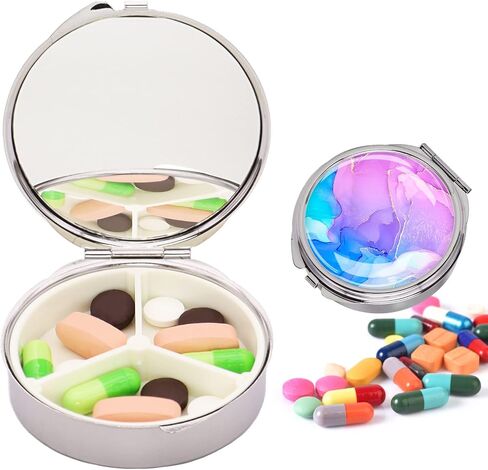 Small Pocket Pill Box,Portable Metal Pill Case with 3 Compartment Compact Travel Medicine Pills Holder with Mirror,Daily Medicine Tablet Organizer (1 Pack Pink Blue) in Saudi Arabia