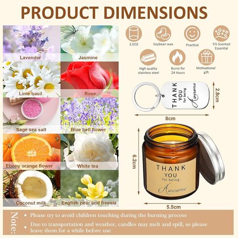 MTLEE 10 Pcs Thank You Candle Gifts Appreciation Gift for Women Jar Candles 10 Pcs Employee Coworker Staff Appreciation Keychain Gifts for Birthday Christmas Coworker Administrative Assistant Husband in Saudi Arabia
