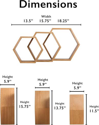Abacus Hexagon Floating Shelves (Set of 3), Farmhouse Storage HoneycombShelves in Small, Medium and Large, Wooden Wall Mount Decor For Living Room, Bedroom, Hallways or Entryway, Oak in Saudi Arabia