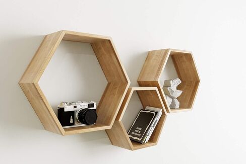 Abacus Hexagon Floating Shelves (Set of 3), Farmhouse Storage HoneycombShelves in Small, Medium and Large, Wooden Wall Mount Decor For Living Room, Bedroom, Hallways or Entryway, Oak in Saudi Arabia