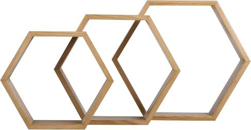 Abacus Hexagon Floating Shelves (Set of 3), Farmhouse Storage HoneycombShelves in Small, Medium and Large, Wooden Wall Mount Decor For Living Room, Bedroom, Hallways or Entryway, Oak in Saudi Arabia