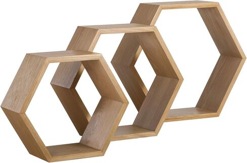 Abacus Hexagon Floating Shelves (Set of 3), Farmhouse Storage HoneycombShelves in Small, Medium and Large, Wooden Wall Mount Decor For Living Room, Bedroom, Hallways or Entryway, Oak in Saudi Arabia