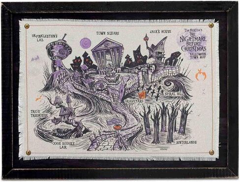 خريطة حائط بإطار من القماش الكتاني مؤطرة من Disney The Nightmare Before Christmas Brands من Open Road - خريطة مدينة الهالوين العتيقة لتزيين المنزل in Saudi Arabia