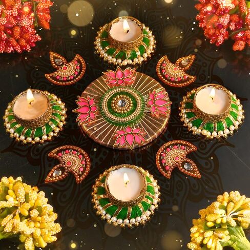 مصمم Diya Floor Rangoli مع حامل ضوء الشاي بحلقة من الجوت قابل لإعادة الاستخدام Rangoli أكريليك هندي تقليدي هدية ديكور المنزل للمنزل الداخلي وديكورات المهرجانات (الحجم: - 10") in Saudi Arabia