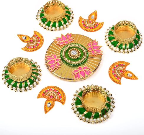 مصمم Diya Floor Rangoli مع حامل ضوء الشاي بحلقة من الجوت قابل لإعادة الاستخدام Rangoli أكريليك هندي تقليدي هدية ديكور المنزل للمنزل الداخلي وديكورات المهرجانات (الحجم: - 10") in Saudi Arabia