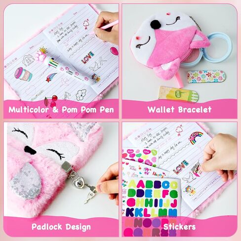 Gifts for 7 8 9 10 11 12 Year Old Girls，Diary with Lock for Girls - Journal Kit for Girls with Bookmarks Sticky Notes Pom Pom Pen Notebook - Diary for Girls ages 8-12 (Fox Diary,Pink) in Saudi Arabia