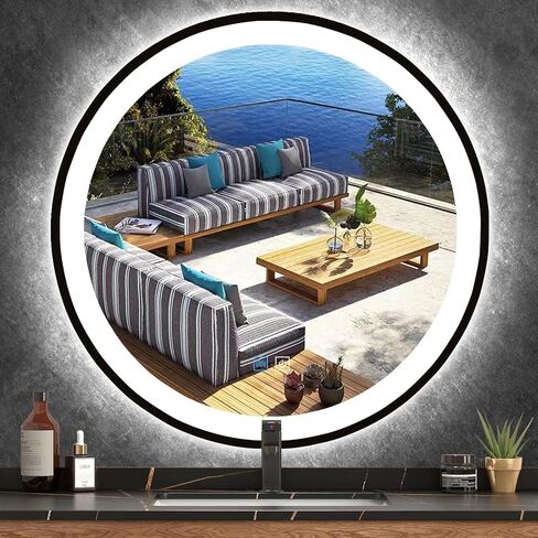 24 Inch Bathroom Black Round LED Mirror with Lights Black Frame Round Lighted Mirror for Bathroom Wall Round Vanity Mirror with Lights 3 Color Anti Fog 24 Bathroom Smart Light up Circle Mirror in Saudi Arabia