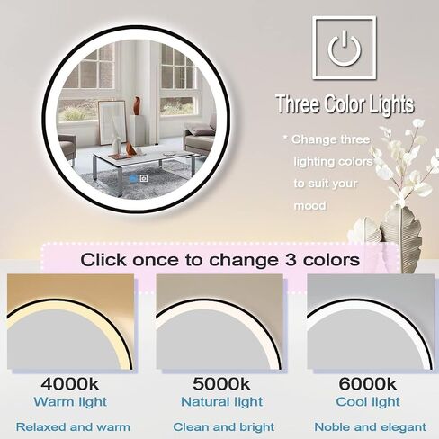 24 Inch Bathroom Black Round LED Mirror with Lights Black Frame Round Lighted Mirror for Bathroom Wall Round Vanity Mirror with Lights 3 Color Anti Fog 24 Bathroom Smart Light up Circle Mirror in Saudi Arabia