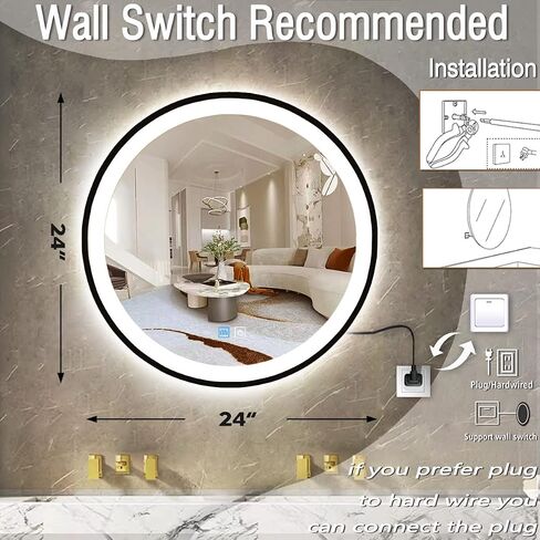 24 Inch Bathroom Black Round LED Mirror with Lights Black Frame Round Lighted Mirror for Bathroom Wall Round Vanity Mirror with Lights 3 Color Anti Fog 24 Bathroom Smart Light up Circle Mirror in Saudi Arabia