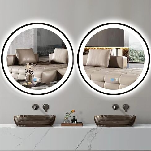 24 Inch Bathroom Black Round LED Mirror with Lights Black Frame Round Lighted Mirror for Bathroom Wall Round Vanity Mirror with Lights 3 Color Anti Fog 24 Bathroom Smart Light up Circle Mirror in Saudi Arabia