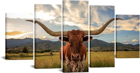 KREATIVE ARTS Large 5 Panel Texas Animal Picture for Living Room Longhorn Steer in Rural Utah Painting Cow with Big Horns Wall Art Farm Animals Prints on Canvas Modern Home Decor 60x32inch in Saudi Arabia