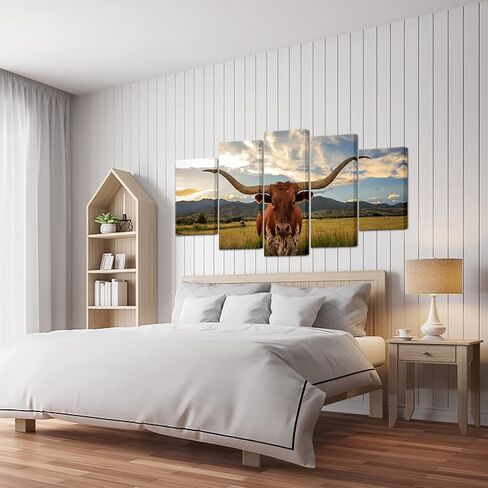 KREATIVE ARTS Large 5 Panel Texas Animal Picture for Living Room Longhorn Steer in Rural Utah Painting Cow with Big Horns Wall Art Farm Animals Prints on Canvas Modern Home Decor 60x32inch in Saudi Arabia