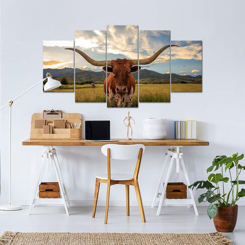 KREATIVE ARTS Large 5 Panel Texas Animal Picture for Living Room Longhorn Steer in Rural Utah Painting Cow with Big Horns Wall Art Farm Animals Prints on Canvas Modern Home Decor 60x32inch in Saudi Arabia