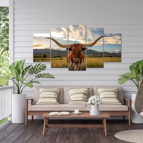 KREATIVE ARTS Large 5 Panel Texas Animal Picture for Living Room Longhorn Steer in Rural Utah Painting Cow with Big Horns Wall Art Farm Animals Prints on Canvas Modern Home Decor 60x32inch in Saudi Arabia