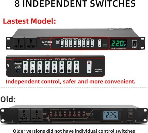مكيف الطاقة 10 منافذ، شريط طاقة مثبت على حامل 20 أمبير لمعدات الصوت، منظم تحكم رقمي لإمداد الطاقة بقدرة 2000 واط مع 8 مفاتيح مستقلة لعرض الجهد الكهربائي in Kuwait
