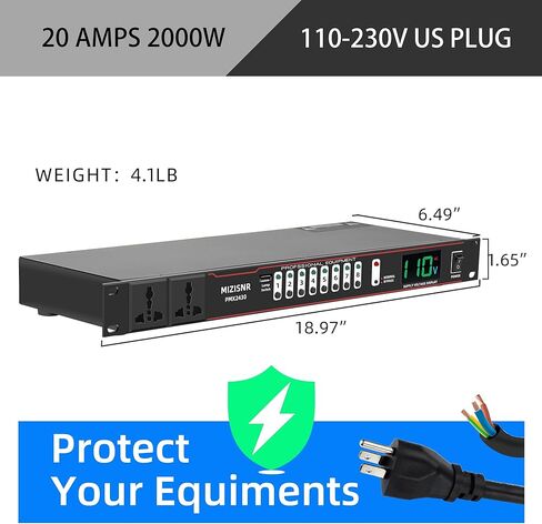 مكيف الطاقة 10 منافذ، شريط طاقة مثبت على حامل 20 أمبير لمعدات الصوت، منظم تحكم رقمي لإمداد الطاقة بقدرة 2000 واط مع 8 مفاتيح مستقلة لعرض الجهد الكهربائي in Kuwait