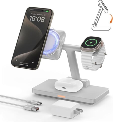 MagSafe 3 in 1 Wireless Charging Station: JoyGeek Portable Foldable Stand for iPhone 17 16 15 14 13 Pro Max Plus, Apple Watch, AirPods Pro (White) in Saudi Arabia